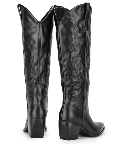 Image of Pasuot Western Cowboy Boots for Women - Knee High Wide Calf Cowgirl Boots, Slip On Pointed Toe Chunky Heel Fashion Retro Classic Pull On Tall Boot for ladies Party concert