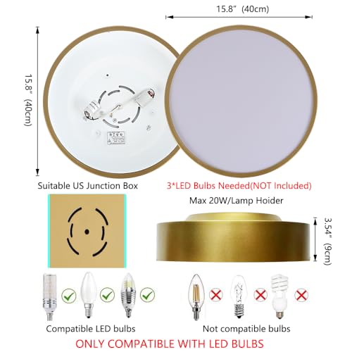 Image of 3-Light Modern Gold Flush Mount Ceiling Light 15.8 Inch