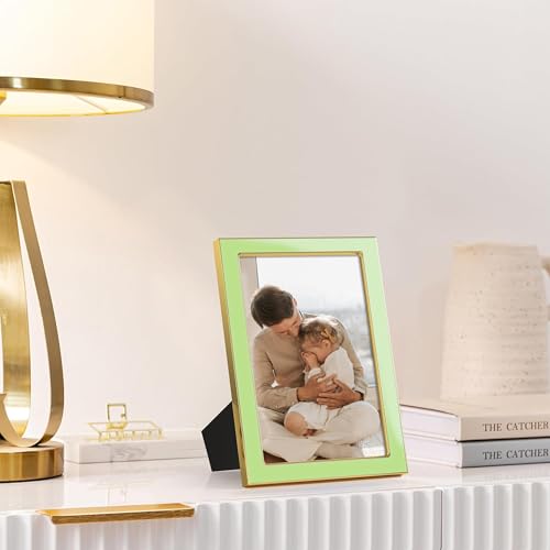 Image of eletecpro 4x6 Enamel Picture Frame with Real Glass Cover, Cute Photo Frame with Gold Metal Edge, Horizontal and Vertical Display Pictures 4 by 6 for Tabletop and Wall Decor, Sage Green, 1 Pack