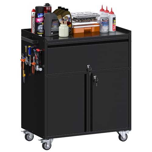 Image of Metal Garage Storage Cabinet with Wheels, Rolling Tool Cabinet with Adjustable Shelf, 1 Drawer and 2 Doors for Tools, Garage,Workshop, Black, Assembly Required