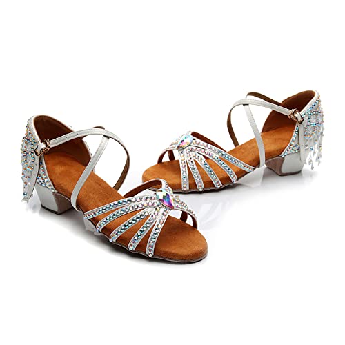 Girls Rhinestone Latin Dance Shoes Low Heel Ballroom Tango Party Performance Tassel Sandals4