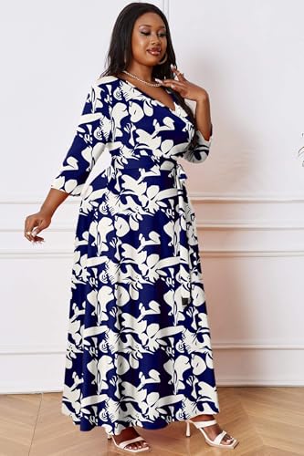 Image of Runwind Plus Size Maxi Dresses - 3 /4 Sleeve V Neck Long Dress for Women (XL-6XL)