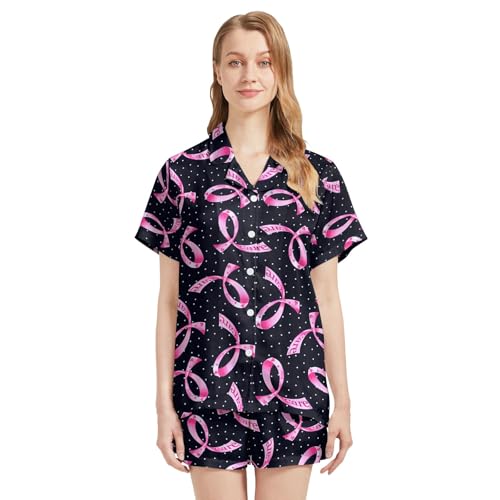 Image of Funny Pajamas for Women Set Print Satin Loungewear Pjs Short Sleeve Button Down Top and Shorts Sets Sleepwear XS-3XL