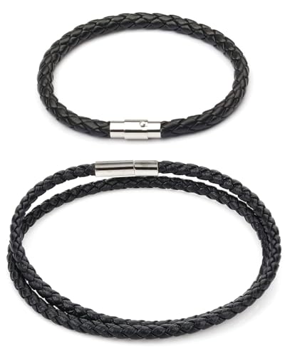 HUVZOR 2 pcs bracciale cuoio uomo,Braccialetto Uomo Pelle Bracciale in Pelle Braccialetti Intrecciata a Doppio Involucro Bracciale in Acciaio Inossidabile da Donna con Chiusura Magnetica