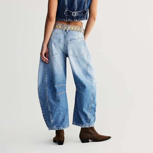 utcoco Womens Mid Rise Barrel Jeans Y2k Baggy Boyfriend Distressed Ripped Jeans Wide Leg Denim Pants2