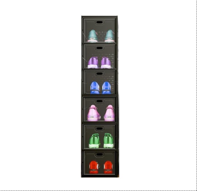 Image of Sulfar 6 Tier Shoe Rack Collapsible Shoe Organiser with Door - Foldable Sneaker Crates Footwear Organiser for Men, Women, Heels, Boots, Loafers, Sneakers, Slippers (Black)