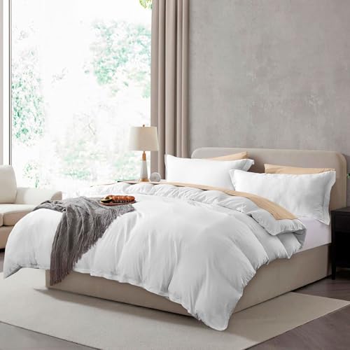 Hearth & Harbor Queen Duvet Cover Set - Queen Soft Prewashed White Duvet Cover, 3 Piece Set with...