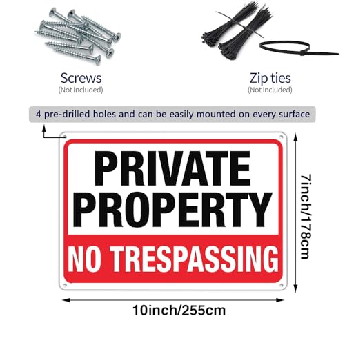 Image of 4-Pack No Trespassing Signs Private Property Metal Sign 10 x 7 In Aluminum | Rust-free aluminum with UV print; weatherproof for yard, fence, gate, farm, driveway, and home entrance