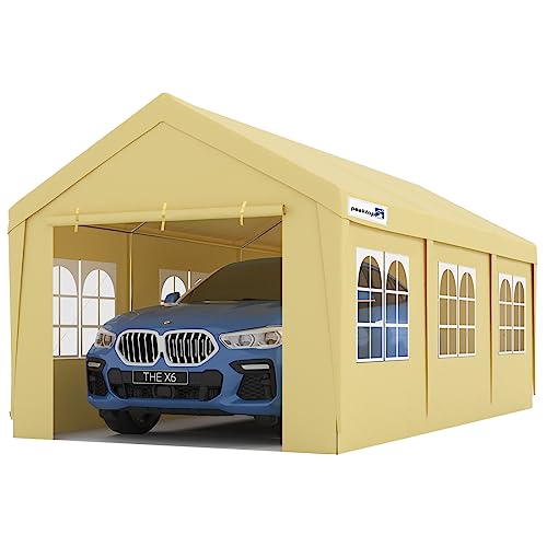 Peaktop Outdoor 10 X 20 Ft Upgraded Heavy Duty Carport Car Canopy With Removable Sidewalls, Portable Garage Tent Boat Shelter With Reinforced Triangular Beams And 4 Weight Bags,Beige #TOP10