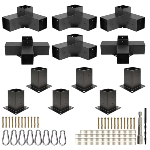 Pergola Bracket Kit 4x4 (Actual 3.6 x 3.6 in) 3-Way Corner & 4-Way Center Brackets with Post Base Set Heavy Duty 2mm Steel Hardware with Hooks for Patio Gazebo & Backyard Build
