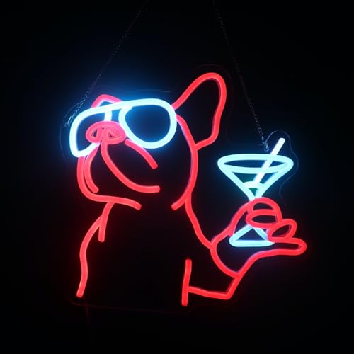 Luce al neon a LED con bulldog francese, insegna al neon per cocktail di cani, cartello a LED con vino di bulldog, decorazione da parete per stanza degli animali domestici, decorazione da parete per