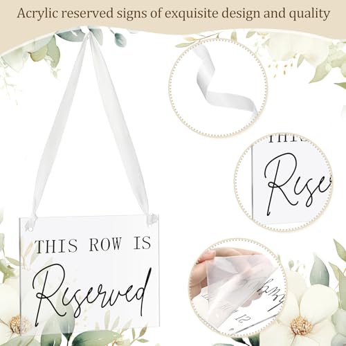 Yousoontic 12 Pack Acrylic Reserved Chairs Signs with Ribbon for Wedding Reception Party Restaurant This Row Is Reserved Signs Hanging for Wedding Church Events Pews Chair