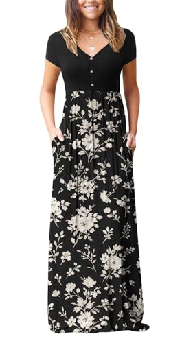 Image of GRECERELLE Womens Summer Long Maxi Dresses 2026 Short Sleeve V Neck Casual Button Dress with Pockets