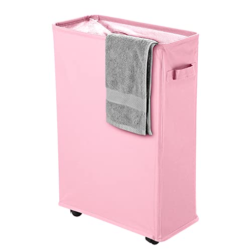 IHOMAGIC slim and thin laundry basket 40L, removed and foldable washing bin, laundry hamper on wheels, Oxford fabric Drawstring clothes hamper with side handle for family home office hotel dorm (Pink)