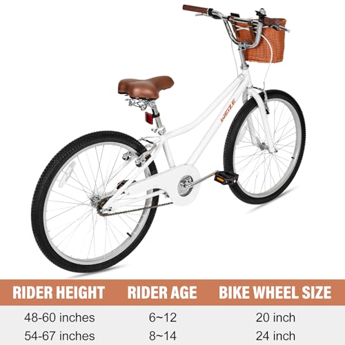 Image of WEIZE Beach Cruiser Bike, 24 Inch Kids Bike with Basket and Kickstand, Retro Style Childrens Bicycle for Teen Girls, Lightweight Steel Frame, White