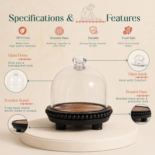 Image of Handcrafted Sweet Spot Acacia Wood Cake Stand with Glass Dome, 7.5x7.5x7.75 Inch Black Serving Platter for Cakes, Pastries & Cupcakes, Food Safe Decorative Cake Plate