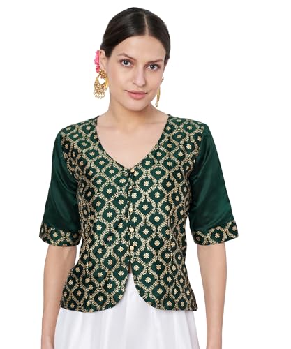 Image of studio rasa Women's Silk Blend Block Printed Button Down Readymade Top for Wedding Festive Party