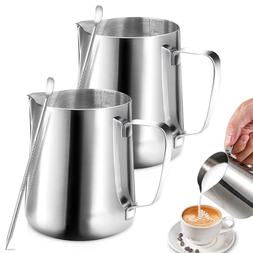 Omtofo 2 Piezas 350ml Jarra Leche Barista, Lechera Acero Inoxidable, Con Marca de Medición bolígrafo arte con leche, Jarra Espumadora Leche para Espresso, Capuchino, arte con leche, amantes del café