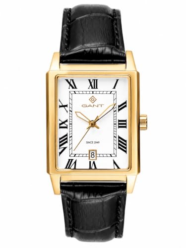 GANT G197002 Staten Island Herrenuhr Goldfarben Edelstahl, Schwarzes Lederband, Weißes Zifferblatt, Quarz, 5 ATM