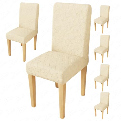 Image of Lukzer Elastic Dining Chair Cover - 6PC Pastel Yellow Basket Weave | Textured High Stretch Jacquard Seat Cover | Removable Washable Short Dining Chair Cover Protector Seat Slipcover | (CC-112-06)