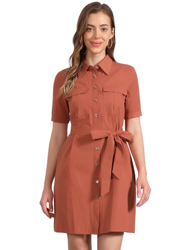 Image of Allegra K Women's Safari Dress Collared Short Sleeve Cotton Belted Button Down Shirt Dresses