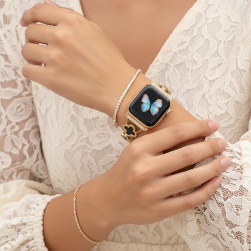 Image of ZORBES Bling Diamond Band Compatible with Apple Watch Bands for Women 40mm 41mm 38mm 42mm Series 11 10 9 8 7 6 5 4 SE 3 2 1, Sparkle Metal Bracelet Wristband, Cute Lucky Clover Dressy for iWatch Band