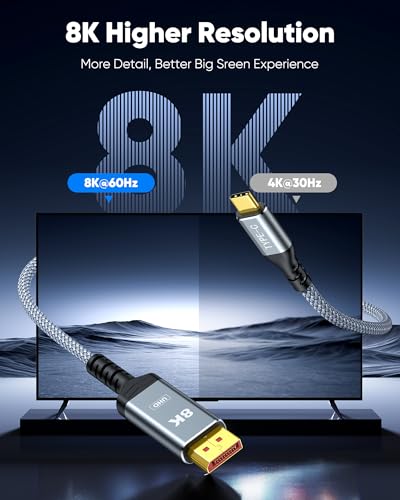 Image of Capshi USB C To Displayport Cable 6FT, Type C To DP 1.4 Cable 32.4Gbps 8K@60Hz 4K@144Hz /2K@240Hz Braided Thunderbolt 3 /4 To DP Cord Compatible With iPad,Macbook Pro /Air,Surface,Imac,Galaxy,XPS,Black