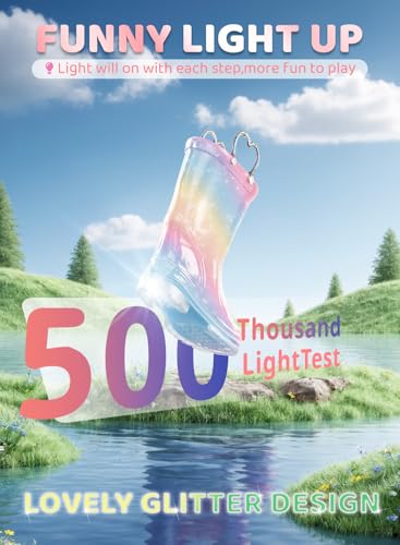 Toddler Rain Boots Girls Rain Boots - Glitter Light Up Kids Rain Boots with Easy-On Handles Lightwight Waterproof Rain Shoes(Toddler/Little/Big kids)2