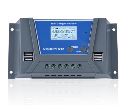 VIXKPIRR 20A Solar Laderegler 12V 24V Solarregler, PWM 20A Solarladeregler mit Temperatursensor LCD Anzeige und 4 USB Ports,Geeignet Multi 12V 24V Blei Batterien und Lithium Batterien