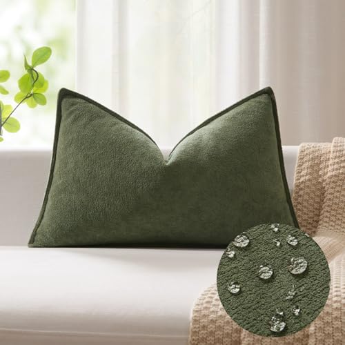 Kevin Textile 14x20 Inch Lumbar Pillow Cover 1 Pack Soft Boucle Textured Decorative Waterproof Rectangle Cushion Elegant Accent Pillow for Couch Sofa Chair Bed Home Decor Indoor Outdoor Olive Green