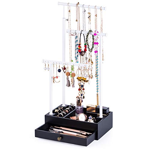 Love-KANKEI Schmuckständer mit Schublade Schwarz Schmuckhalter Höhenverstellbare Stäbe, Schmuck Aufbewahrung von Ketten Ohrringen Ringen Armbändern, Geschenk für Mutter Schwester Frau Freundin Cover