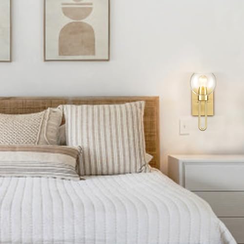 Image of Gold Glass Globe Wall Sconce Mid-Century Modern Globe Sconces Wall Lighting Brass Wall Light Fixture with Clear Glass Shade for Bathroom Hallway Bedroom