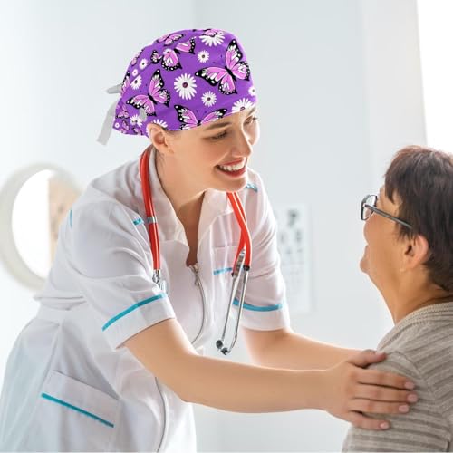 Image of Colored Butterflies Scrub Caps Women Ponytail, Adjustable Bouffant Surgical Caps with Button, Nurse Hats Long Hair