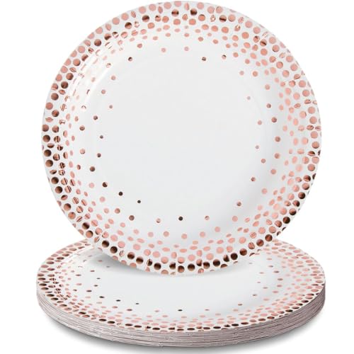 Fun Express Foil Dots Paper Dessert Plate - Party Paper Plates for Wedding - Disposable White and Rose Gold Plates, Foil Polka Dots - Print Tableware - Print Plates & Bowls - Wedding - 8 Pieces