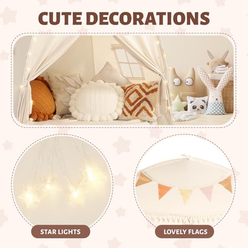 Sumbababy Large Teepee Tent for Kids: with Star Lights & Flags - Tent for Kids Indoor Toddler Teepee for Boys & Girls - Toddler Playhouse Inside Canopy Bed for Playroom Gift Toys (Cream)