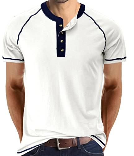 Mens Henley Shirts Short Sleeve T Shirt Mens Shirts Casual Stylish Sommer Casual Basic Plain Cotton Tee Shirts Up-M-131-White-Xl #TOP4