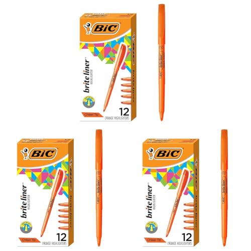 Image of BIC Brite Liner Highlighters, Chisel Tip, 12-Count Pack of Orange Highlighters, Ideal Highlighter Set for Organizing and Coloring (Pack of 3)