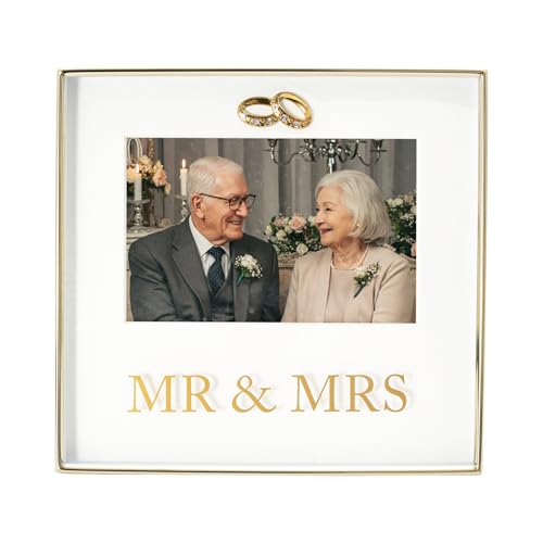 Image of Happy Homewares Modern Shiny Gold Mr and Mrs Square Picture Frame with Double Diamante Rings | Holds 4x6 Photograph | For Wall or Table Mounting