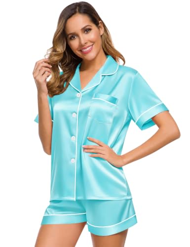 Image of SWOMOG Womens Silk Satin Pajamas Set Short Sleeve Sleepwear Button Down Top and Shorts Loungewear 2 Piece Pjs Set XS-3XL