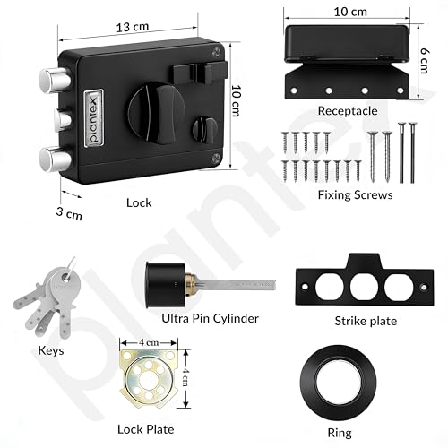 Image of Plantex Heavy Duty Rim Locks for Main Door /Door Lock for Main Door with 4 Keys /Suitable for Inside Opening Wooden Door - Pack of 1 (Z-Black)