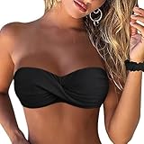 Firpearl Black Strapless Bathing Suit Tops for Women Halter Bikini Top Push Up Bandeau Swimsuit US12