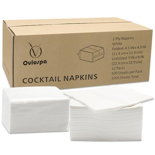 Ovlospa 1200 Count Cocktail Napkins - 4.5 x 4.5 Inch White Beverage Napkins, 2-Ply Bulk Disposable...