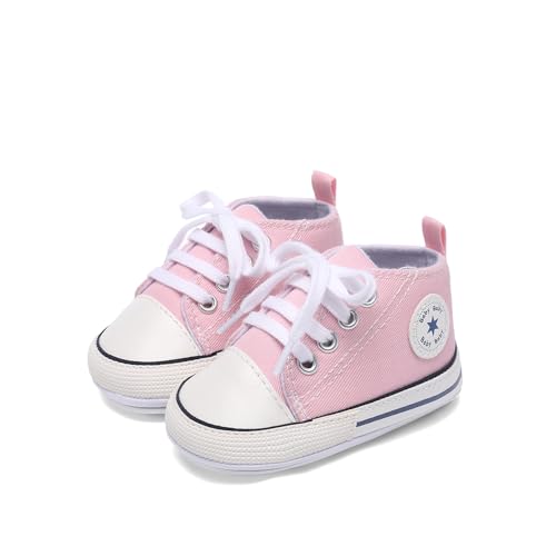 Image of Unisex Baby Boys Girls Shoes, Newborn Infant Non-Slip Canvas Denim High Top Sneakers, Toddler First Walkers Shoes
