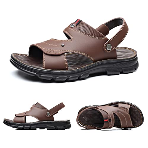 Men's Athletic Hiking Walking Sandals Non-Slip Water Resistant Lightweight Comfortable Beach Shoes，Men's Leather Sport Sandals, Breathable Waterproof Outdoor Athletic (Color : Brown, Size : 9.5)