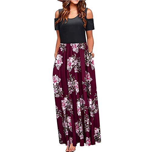 Cold Shoulder Dress for Women,Summer Short Sleeve Casual Pockets Long Maxi Dress Boho Beach Dress Long Sundress