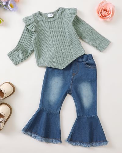 Sunny Piggy 12-18 Months Toddler Girl Clothes Little Baby Girl Denims Outfits Jeans Flare Stretchy Pants Set Long Sleeve Infant Winter Fall Baby Clothes For Girls Green thumb #1