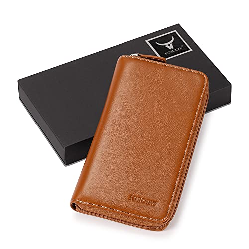 Image of HISCOW Leather Checkbook Cover, Zippered Wallet, Antiqued Brown | Full grain cowhide, 5cc & ID window, personal check book & register pockets, removable duplicate divider, women secure zipper