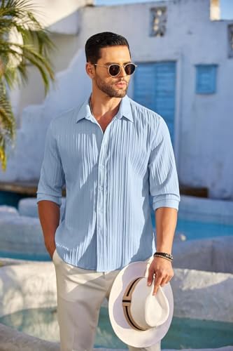 Image of DEELMO Men's Button Down Dress Shirts Textured Long Sleeve Casual Hawaiian Beach Shirt