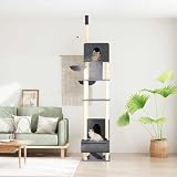 Ziaphsol Kratzbaum Deckenhoch Dunkelgrau 277 bis 303 cm, Katzenbaum mit 2 Häusern, 2 Hängematten, 2 Leitern, Tunnel, Plüsch und Sisal für Klettern Kratzen Spielen Ruhen