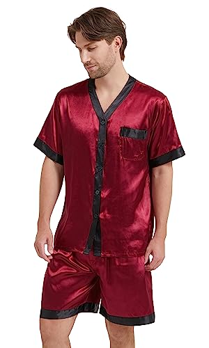 Men's Satin Silk Pajamas Set Short Sleeve Tops with Shorts V Neck Button Down Sleepwear 2 Pieces Loungewear2